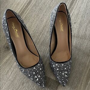 Anne Michelle Black Pointed Toe Pumps with Clear Stone Detail